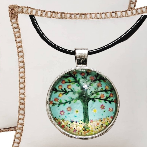 Jewelry - 🌲10/$20. Tree Half Dome Glass Pendant with Black Cord Necklace